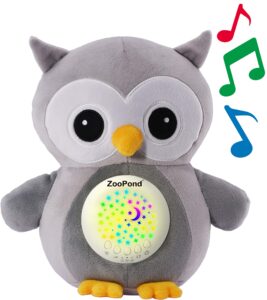 zoopond - baby soother white noise machine, shush, crib toy with music and lights, star projector, infant sleep aid, owl sound machine (grey)