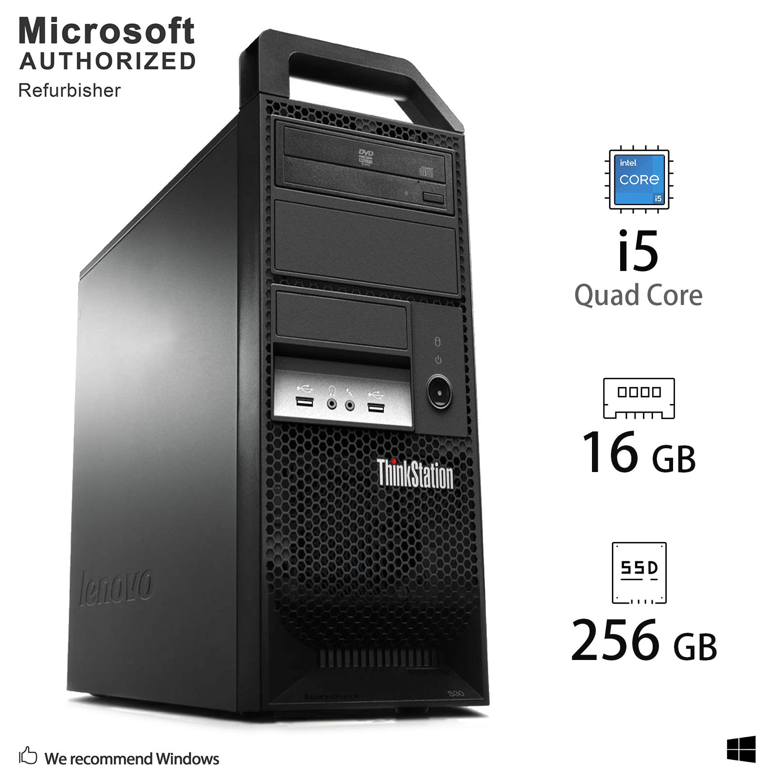 Lenovo ThinkStation Tower Desktop PC Computer Package, Intel Quad Core i5-3550 up to 3.7GHz, 16G DDR3, 256G SSD, DVD, Mouse, Keyboard, USB 3.0, DP, VGA, Windows 10 Pro 64 Bit-Multi-Language (Renewed)