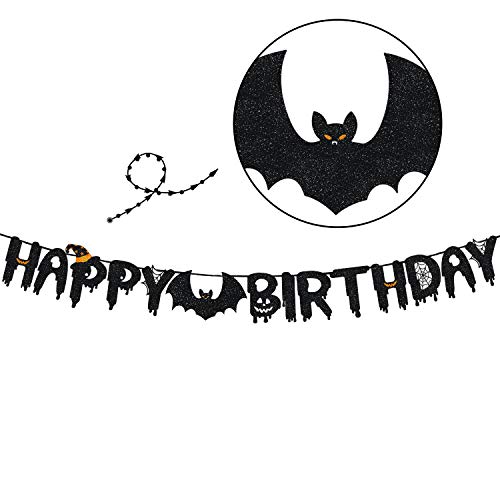 Happy Birthday Banner for Halloween Themed Birthday Party Decor -Black Glitter Happy Birthday Banner Sign for Kids Adult Birthday Party Decorations Supplies