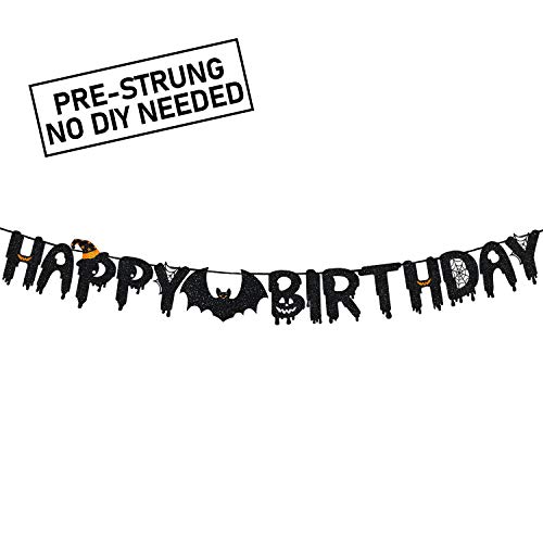 Happy Birthday Banner for Halloween Themed Birthday Party Decor -Black Glitter Happy Birthday Banner Sign for Kids Adult Birthday Party Decorations Supplies