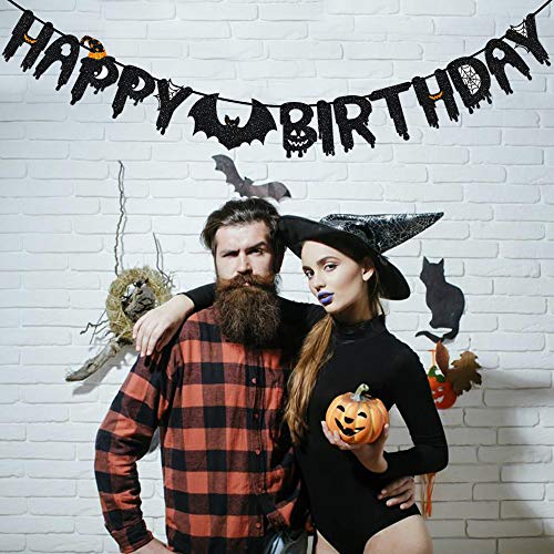 Happy Birthday Banner for Halloween Themed Birthday Party Decor -Black Glitter Happy Birthday Banner Sign for Kids Adult Birthday Party Decorations Supplies