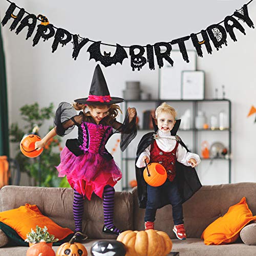 Happy Birthday Banner for Halloween Themed Birthday Party Decor -Black Glitter Happy Birthday Banner Sign for Kids Adult Birthday Party Decorations Supplies