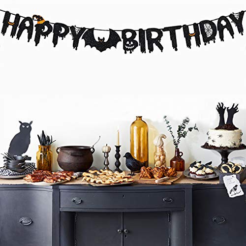 Happy Birthday Banner for Halloween Themed Birthday Party Decor -Black Glitter Happy Birthday Banner Sign for Kids Adult Birthday Party Decorations Supplies