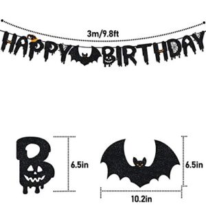 Happy Birthday Banner for Halloween Themed Birthday Party Decor -Black Glitter Happy Birthday Banner Sign for Kids Adult Birthday Party Decorations Supplies