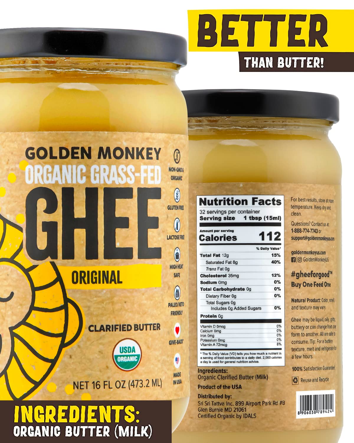 Organic Ghee Butter Grass Fed Clarified – 16 Oz Ghee Butter – Unsalted Butter Certified Organic Ghee Oil – Perfect for Paleo, Keto, Lactose & Gluten Free Diet