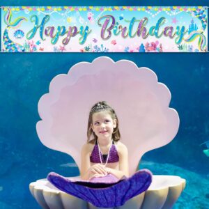 Tatuo Mermaid Banner Mermaid Happy Birthday Banner Under the Sea Girls Princess Party Decorations Background Photo Large Mermaid Glitter Banner for Birthday Party Supplies