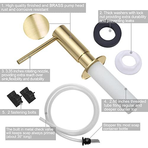 Samodra Sink Soap Dispenser and Extension Tube Kit, Brass Pump Head Brushed Gold Built in Design with 39” Extension Tube to Soap Bottle, No More Messy Refills