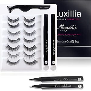 luxillia (clear + black) magnetic eyeliner with eyelashes kit - free applicator tool, 8d most natural look eyelash no magnets needed - best reusable false eye lash, waterproof liner pen and lashes