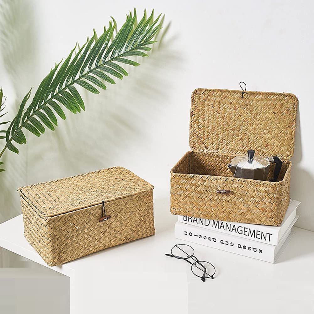 Storage Shelf Basket with Lid Rectangular Handmade Seagrass Rattan Woven Makeup Organizer Multipurpose Container Natural Box for Shelves