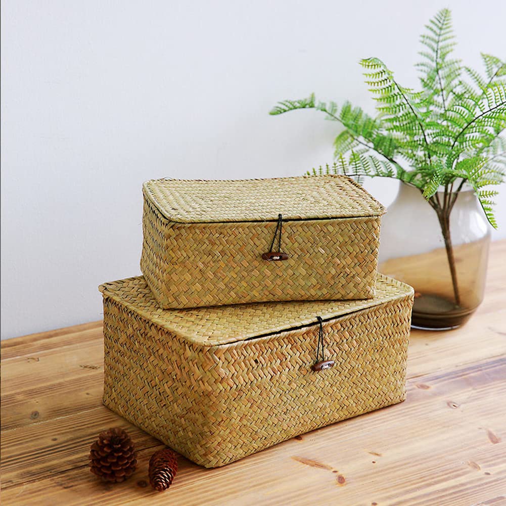 Storage Shelf Basket with Lid Rectangular Handmade Seagrass Rattan Woven Makeup Organizer Multipurpose Container Natural Box for Shelves