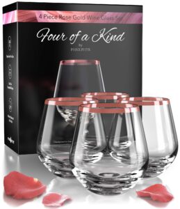 phnx phyr hand blown crystal rose gold wine glasses set 4 - stemless wine glass set - stemless wine glasses - red wine glasses set of 4 - large white wine glass - wedding - gift packaging