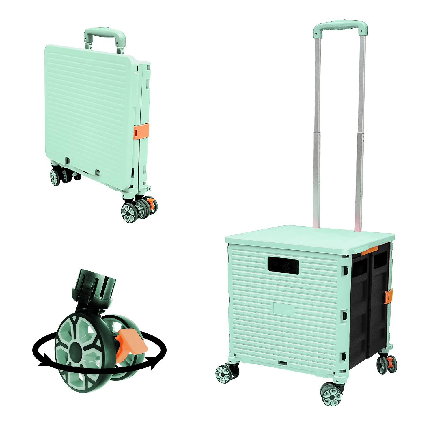 Foldable Utility Cart Portable Rolling Crate Handcart Shopping Trolley Collapsible 4 Rotate Wheels with Durable Heavy Duty Plastic Telescoping Handle for Travel Shopping Moving Storage Office Use