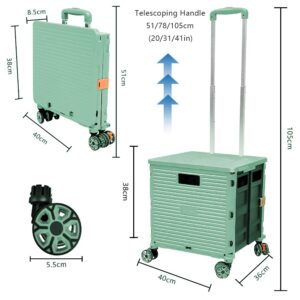 Foldable Utility Cart Portable Rolling Crate Handcart Shopping Trolley Collapsible 4 Rotate Wheels with Durable Heavy Duty Plastic Telescoping Handle for Travel Shopping Moving Storage Office Use