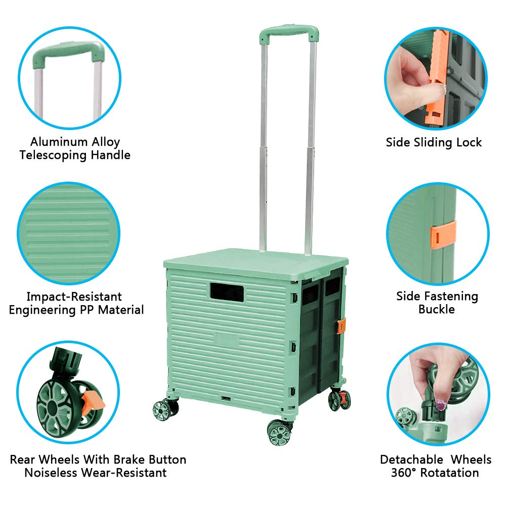 Foldable Utility Cart Portable Rolling Crate Handcart Shopping Trolley Collapsible 4 Rotate Wheels with Durable Heavy Duty Plastic Telescoping Handle for Travel Shopping Moving Storage Office Use