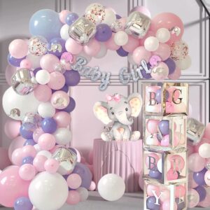 165 pc baby shower decorations for girl, birthday girl, balloon garland arch, banner and balloons boxes, elephant baby shower and birthday decorations