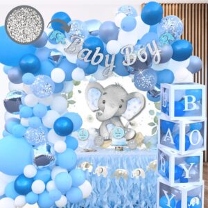 176 pc Premium Baby Shower Decorations for Boy, Birthday Boy, 2 in 1 Set - Balloon Garland Arch, Balloons Boxes and Banner, Elephant Baby Shower and Birthday Decorations