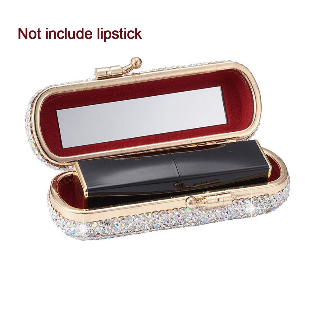 CALIDAKA Lipstick Case Holder with Mirror Crystal Lipstick Organizer for Travel Ladies Fashion Portable Glitter Shiny Diamonds Rhinestone Clip Holder Luxury Lip Gloss Makeup Storage Bag