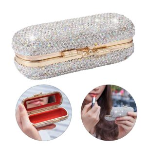 CALIDAKA Lipstick Case Holder with Mirror Crystal Lipstick Organizer for Travel Ladies Fashion Portable Glitter Shiny Diamonds Rhinestone Clip Holder Luxury Lip Gloss Makeup Storage Bag