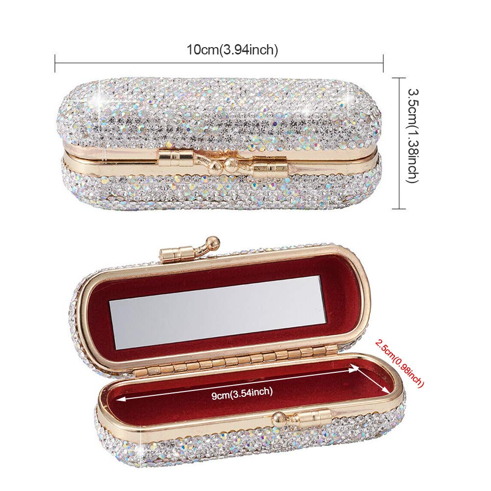 CALIDAKA Lipstick Case Holder with Mirror Crystal Lipstick Organizer for Travel Ladies Fashion Portable Glitter Shiny Diamonds Rhinestone Clip Holder Luxury Lip Gloss Makeup Storage Bag