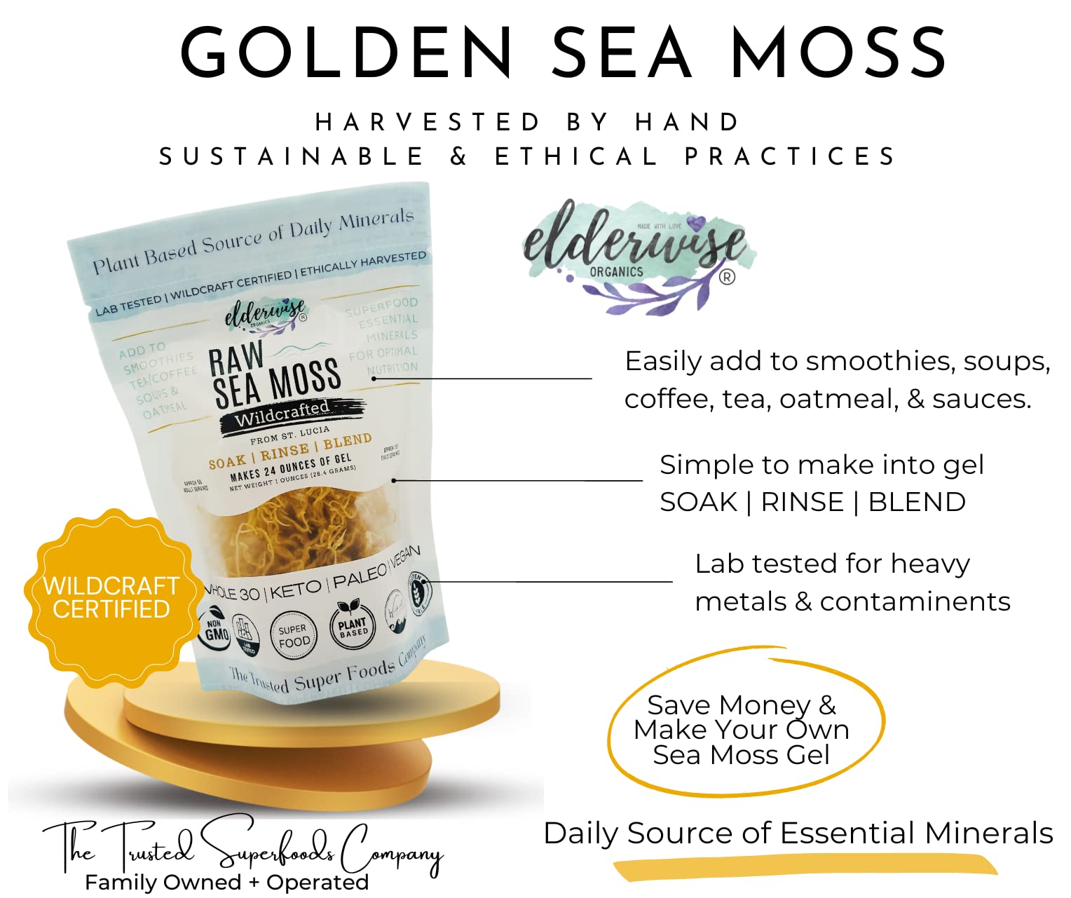 Elderwise Raw Sea Moss | Organic Seamoss Makes 20oz of Gel | Wildcrafted Golden Sea moss | Raw & Non GMO Certified | Sundried | Mineral and Vitamin Rich | Golden