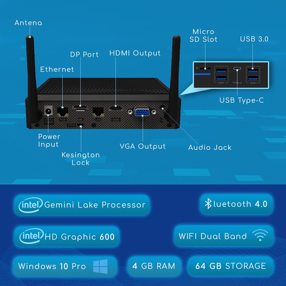 AZULLE Byte4 Essential Fanless Mini Desktop PC 4GB/64GB - Business & Home Powerful Portable Computer, WiFi, Ethernet Port, Windows 10 Pro, Media Center