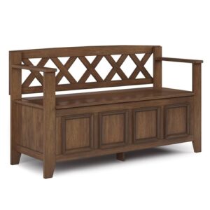 simplihome amherst solid wood 48 inch wide entryway storage bench with safety hinge, multifunctional transitional in rustic natural aged brown