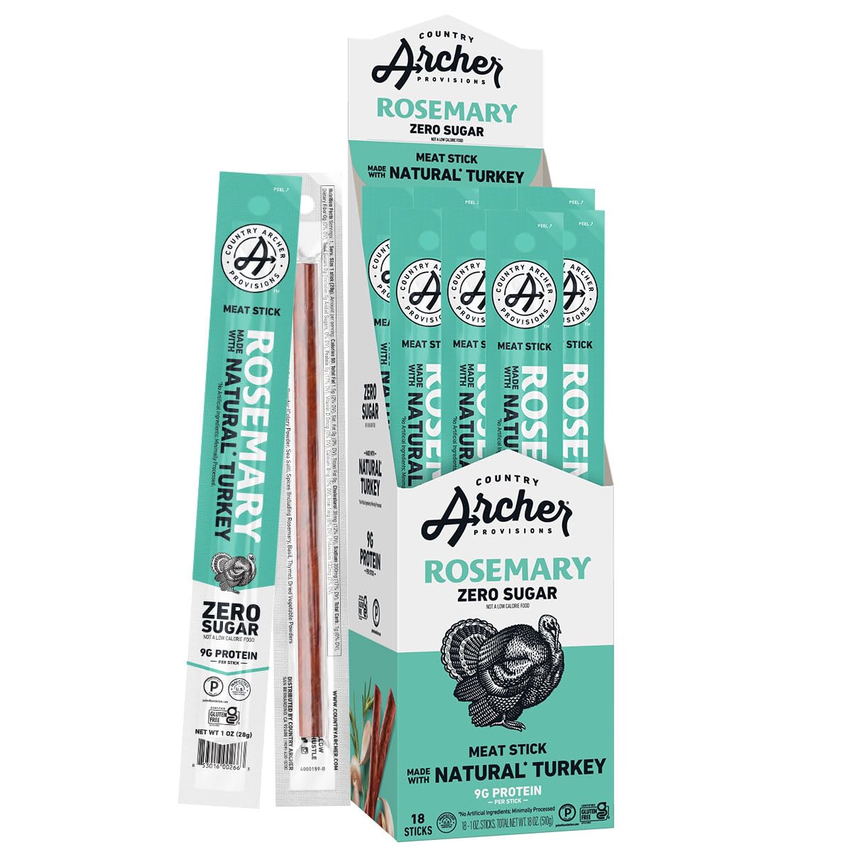 Rosemary Turkey Sticks by Country Archer, 100% Natural, Gluten Free, High Protein Snacks, 1 Ounce, 18 Count