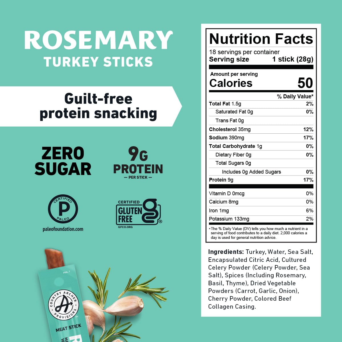 Rosemary Turkey Sticks by Country Archer, 100% Natural, Gluten Free, High Protein Snacks, 1 Ounce, 18 Count