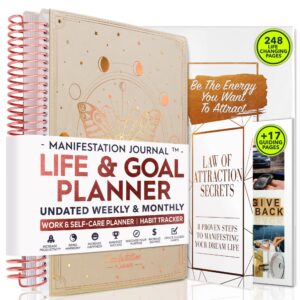 manifestation planner - undated deluxe weekly & monthly life planner to achieve your goals, a 12 month journey to increase productivity, organizer & gratitude journal & stickers - b5 (10.1"x7.2")