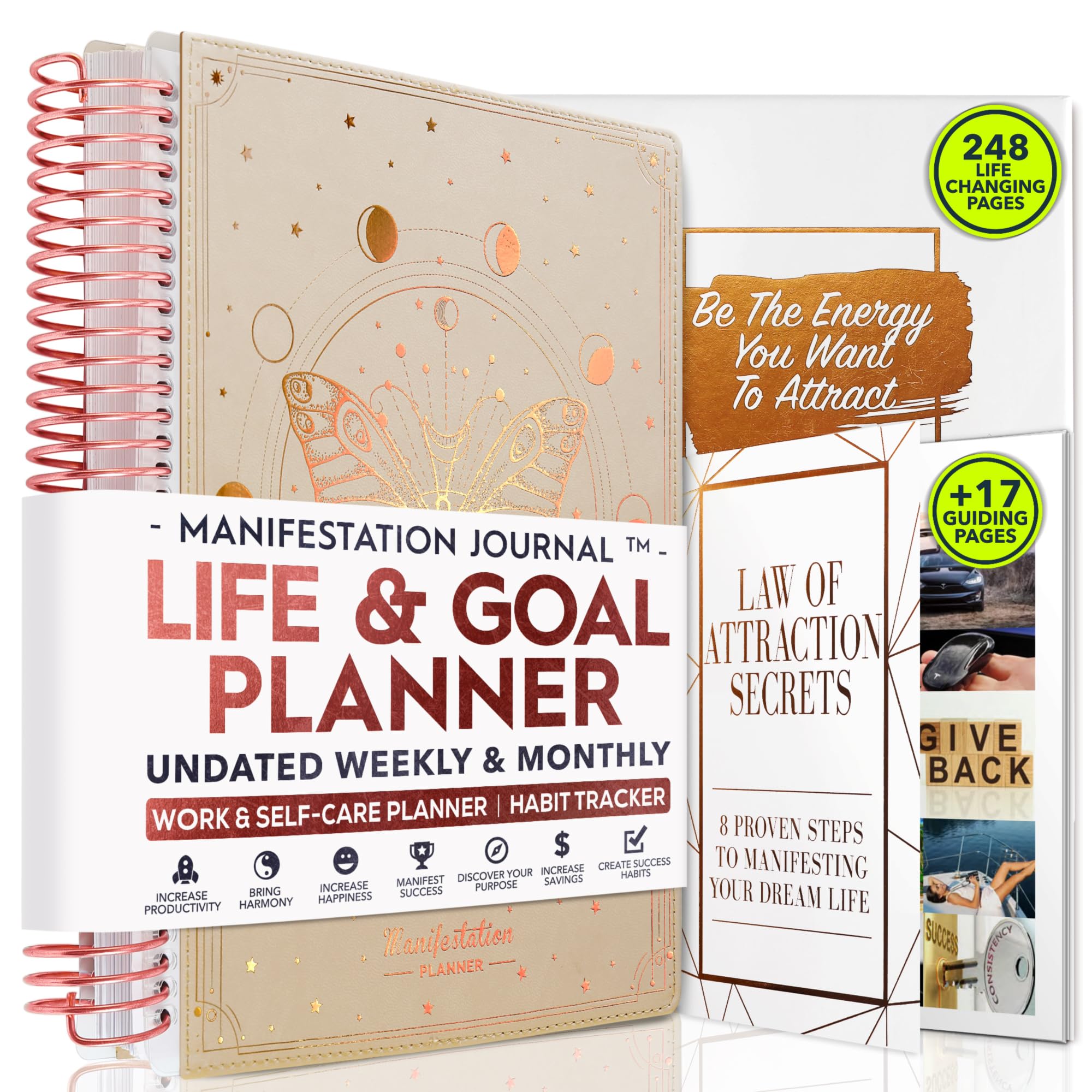 Manifestation Planner - Undated Deluxe Weekly & Monthly Life Planner to Achieve Your Goals, A 12 Month Journey to Increase Productivity, Organizer & Gratitude Journal & Stickers - B5 (10.1"x7.2")