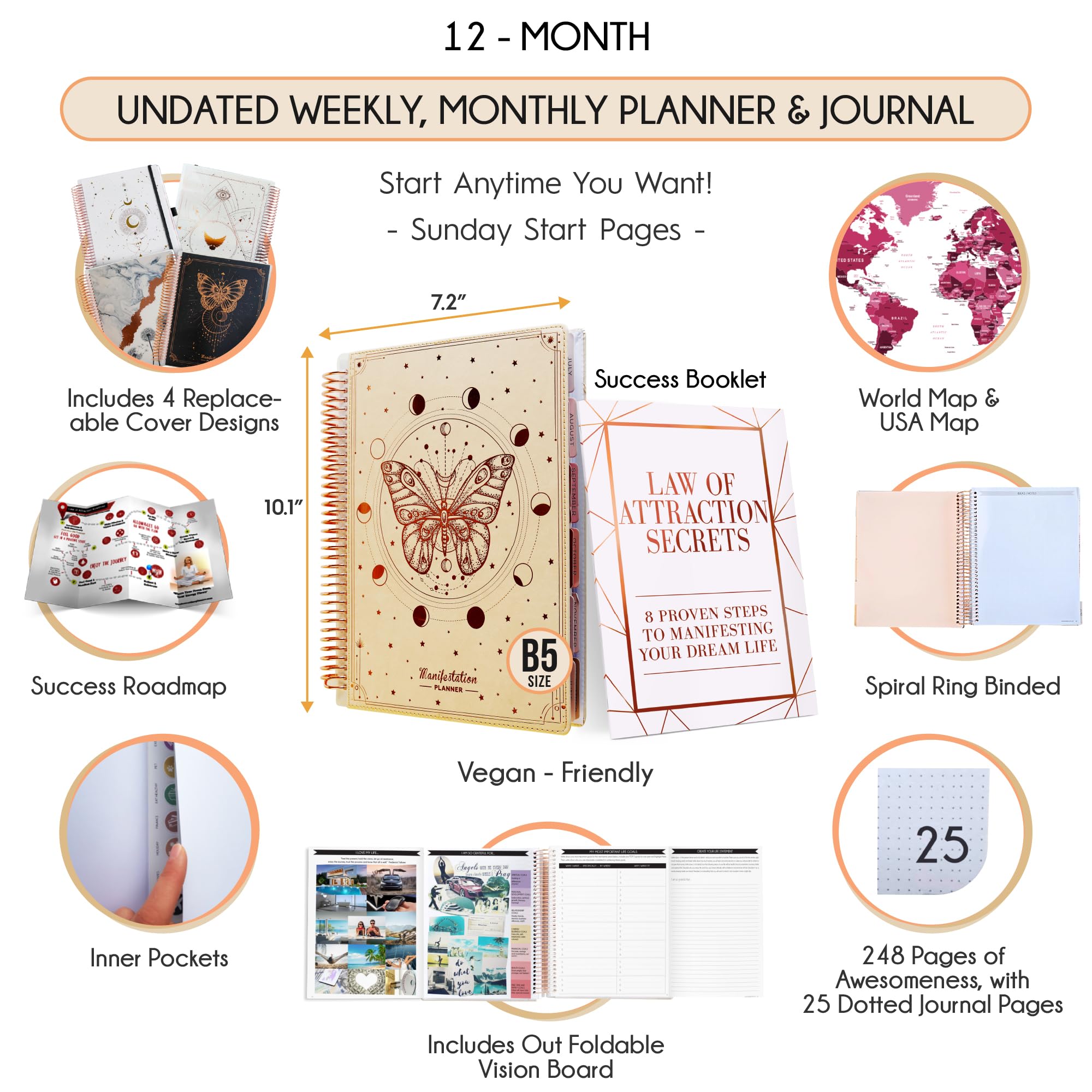 Manifestation Planner - Undated Deluxe Weekly & Monthly Life Planner to Achieve Your Goals, A 12 Month Journey to Increase Productivity, Organizer & Gratitude Journal & Stickers - B5 (10.1"x7.2")