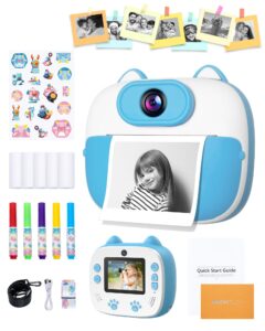 dragon touch instant print camera for kids, digital camera for kids with print paper, kids camera with 1080p 2 inch color screen, selfie video camera for kids 3-12 years old (blue)