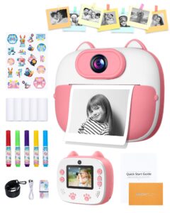 dragon touch instant print camera for kids, digital camera for kids with print paper, kids camera with 1080p 2 inch color screen, selfie video camera for kids 3-12 years old (pink)