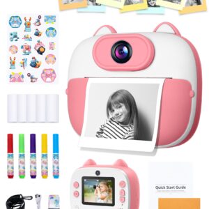 Dragon Touch Instant Print Camera for Kids, Digital Camera for Kids with Print Paper, Kids Camera with 1080P 2 Inch Color Screen, Selfie Video Camera for Kids 3-12 Years Old (Pink)