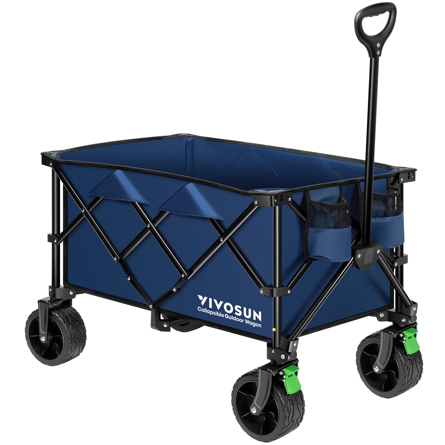 VIVOSUN Collapsible Folding Wagon, Outdoor Utility with Silent All-Terrain Beach Wheels, Adjustable Handle, Cup Holders & Side Pockets, for Camping, Beach, Shopping, Garden, Sports, Picnic, Blue