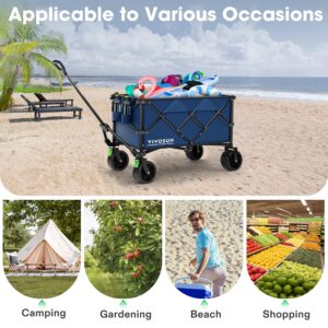 VIVOSUN Collapsible Folding Wagon, Outdoor Utility with Silent All-Terrain Beach Wheels, Adjustable Handle, Cup Holders & Side Pockets, for Camping, Beach, Shopping, Garden, Sports, Picnic, Blue