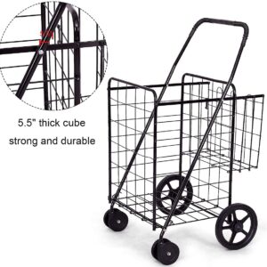 Nightcore Folding Shopping Cart, Large Grocery Utility Cart w/Dual Swiveling Wheels & Double Storage Baskets, Light Weight Trolley w/Portable Handle, Ideal for Laundry Book Luggage Travel (Black)