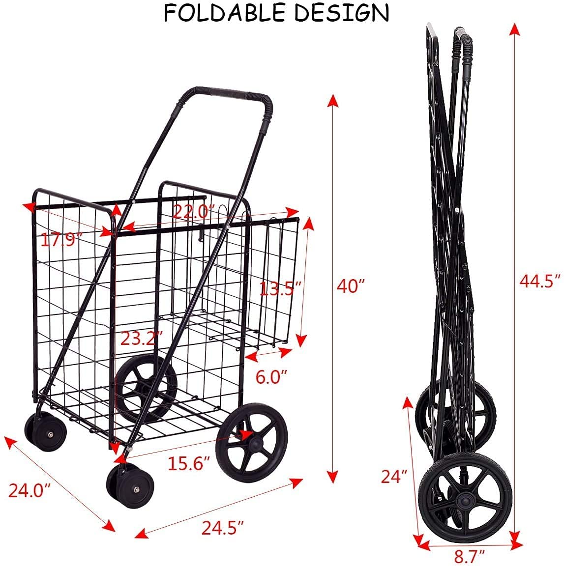 Nightcore Folding Shopping Cart, Large Grocery Utility Cart w/Dual Swiveling Wheels & Double Storage Baskets, Light Weight Trolley w/Portable Handle, Ideal for Laundry Book Luggage Travel (Black)