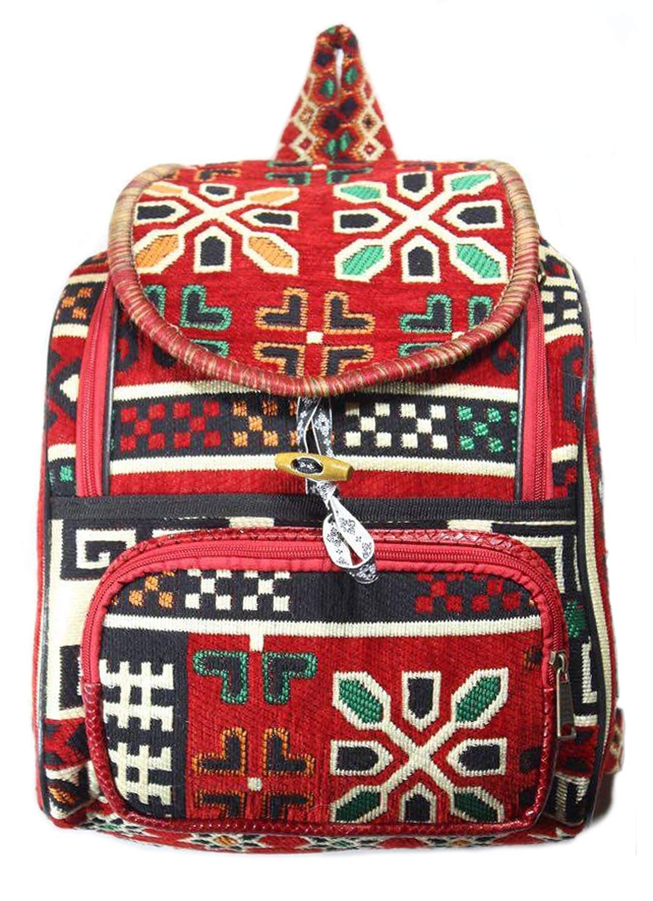 Aysesa Turkish Rug Backpack Multi Pocket Handmade Stylish Designer Daypack Ethnic Handwoven Carpet Bag for Travellers Boho Hippie Bag (Red, Rug)