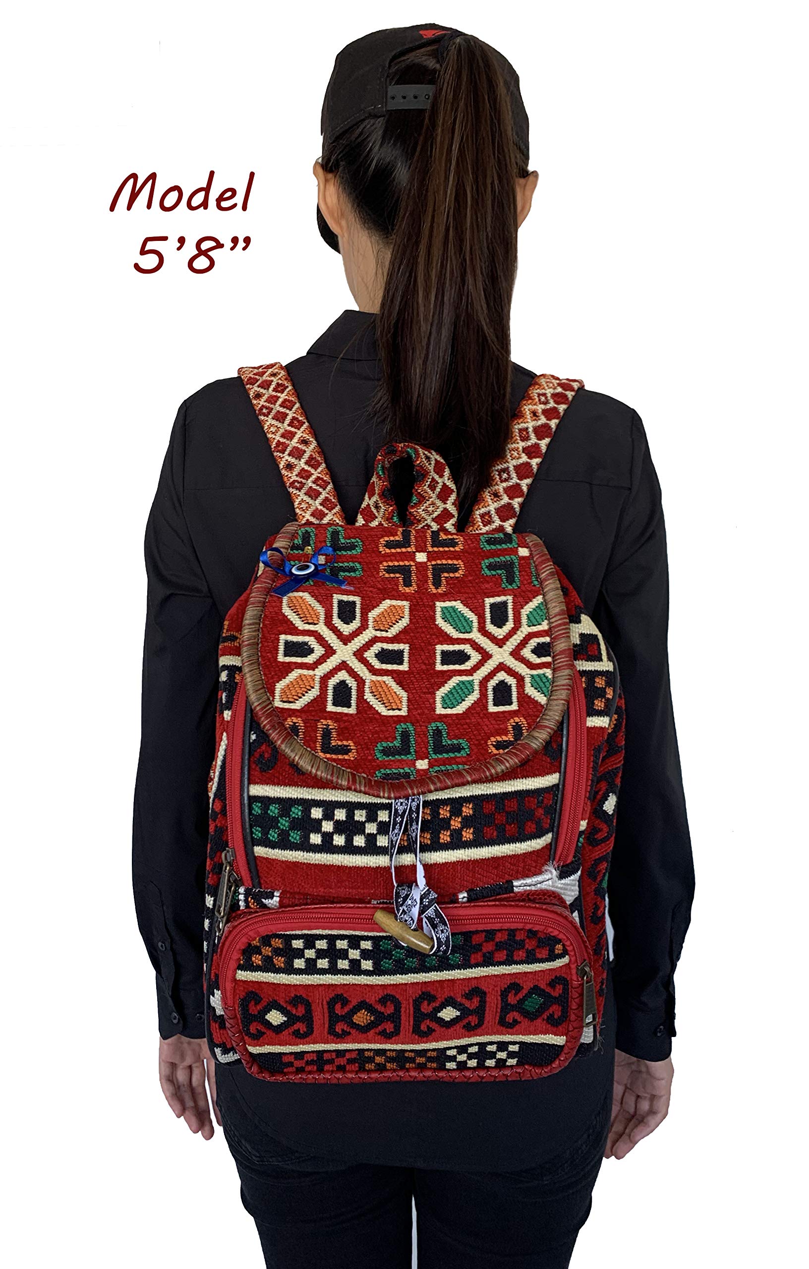Aysesa Turkish Rug Backpack Multi Pocket Handmade Stylish Designer Daypack Ethnic Handwoven Carpet Bag for Travellers Boho Hippie Bag (Red, Rug)