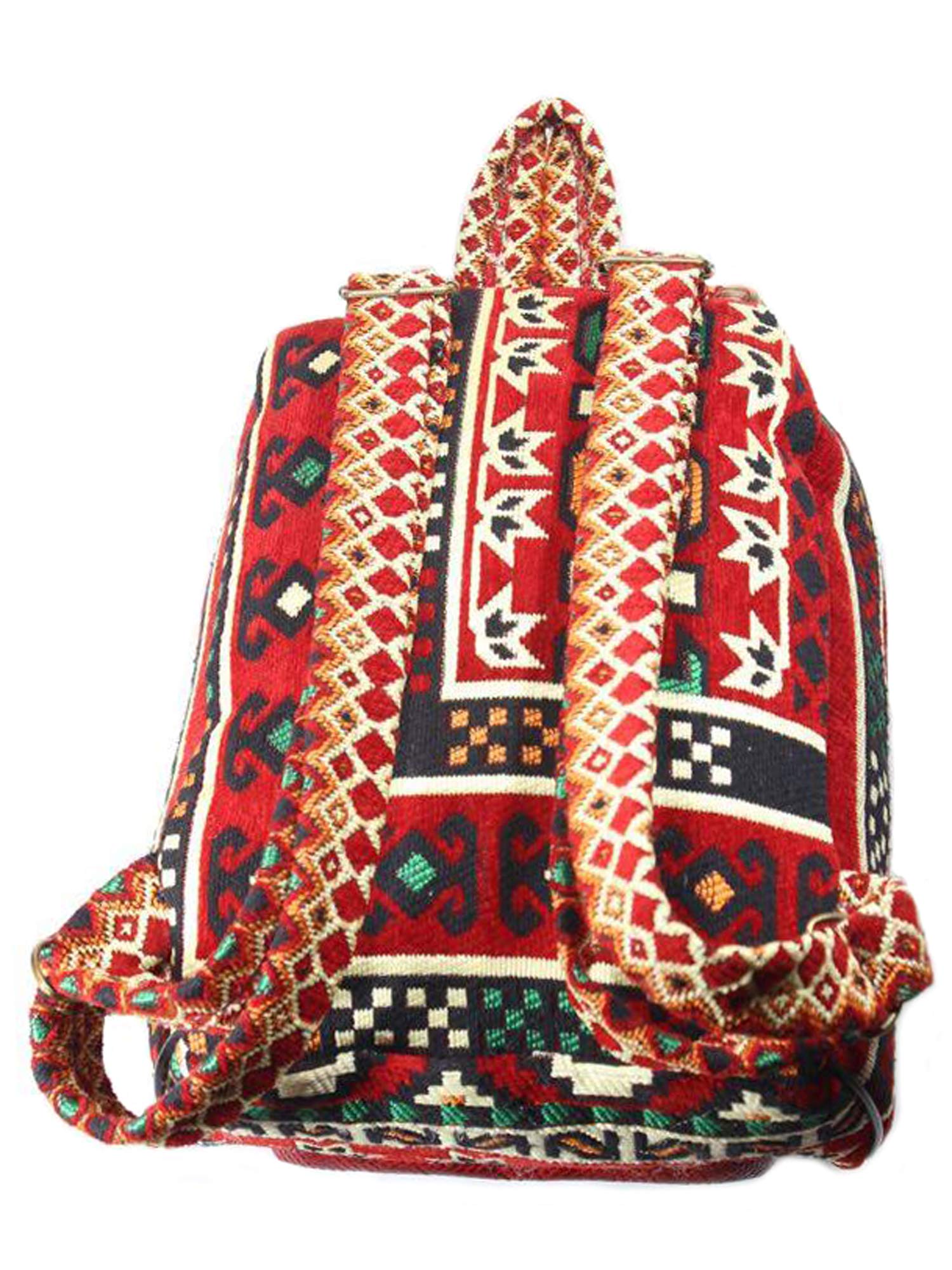 Aysesa Turkish Rug Backpack Multi Pocket Handmade Stylish Designer Daypack Ethnic Handwoven Carpet Bag for Travellers Boho Hippie Bag (Red, Rug)