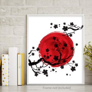 Cherry Blossom Wall Art Poster - Unframed 8x10 in - Beautiful Decorations Posters for Living Room - Pictures with Floral Pattern for Bedroom Decor - Black & White & Red Pics for Woman