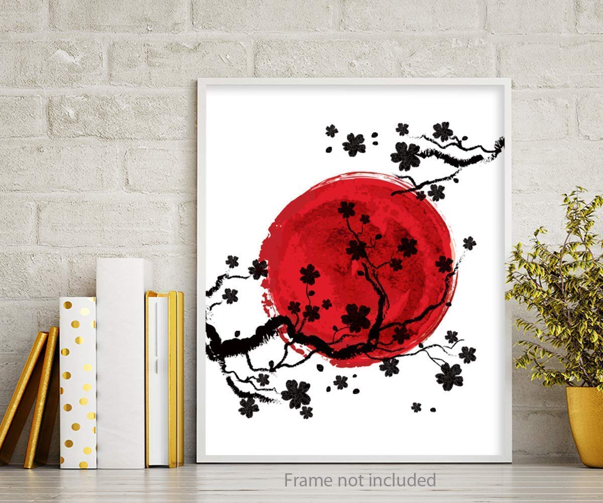 Cherry Blossom Wall Art Poster - Unframed 8x10 in - Beautiful Decorations Posters for Living Room - Pictures with Floral Pattern for Bedroom Decor - Black & White & Red Pics for Woman