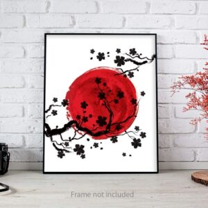 Cherry Blossom Wall Art Poster - Unframed 8x10 in - Beautiful Decorations Posters for Living Room - Pictures with Floral Pattern for Bedroom Decor - Black & White & Red Pics for Woman