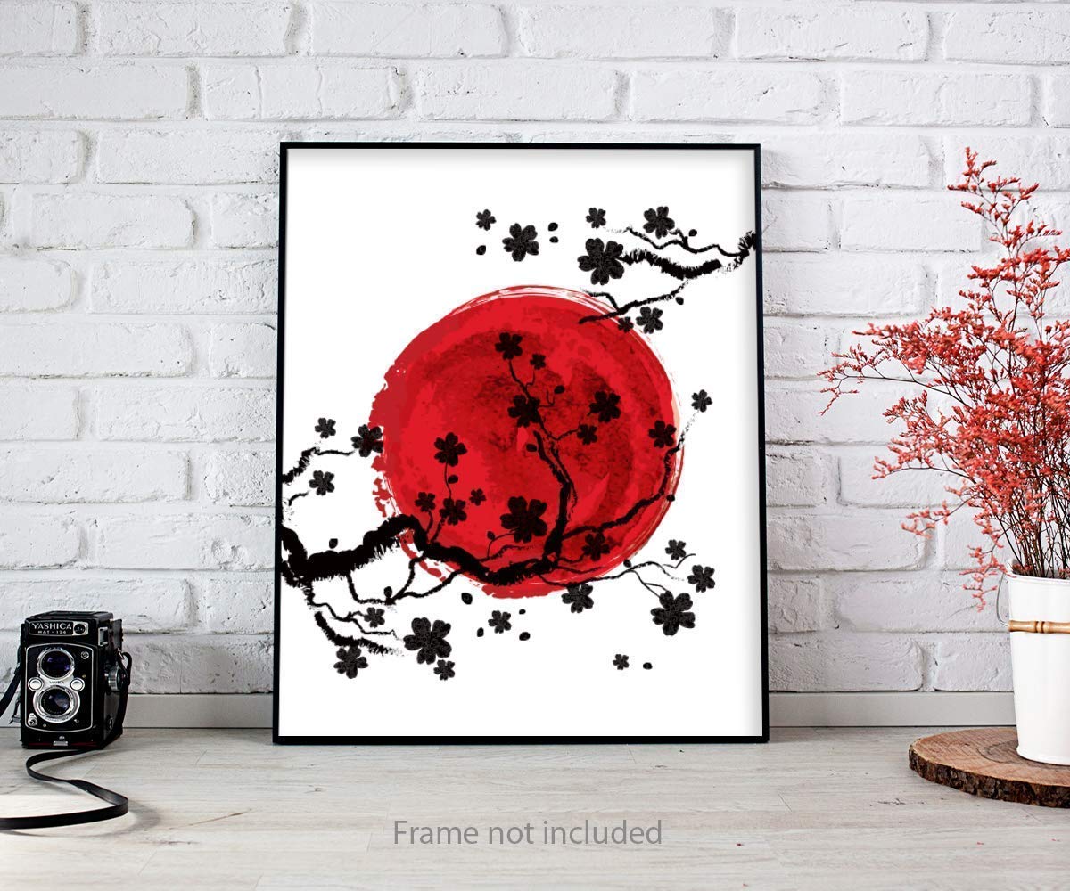 Cherry Blossom Wall Art Poster - Unframed 8x10 in - Beautiful Decorations Posters for Living Room - Pictures with Floral Pattern for Bedroom Decor - Black & White & Red Pics for Woman