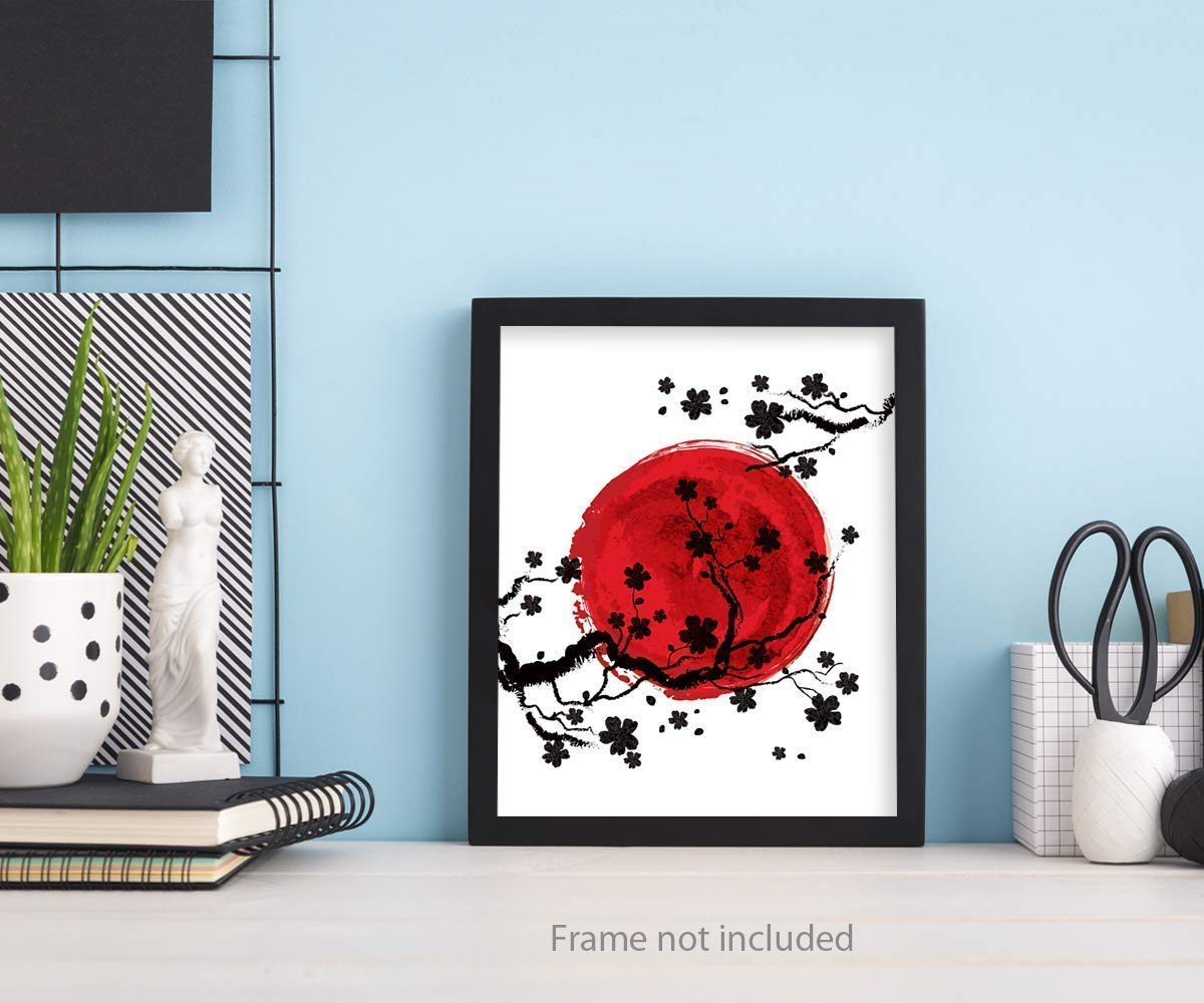 Cherry Blossom Wall Art Poster - Unframed 8x10 in - Beautiful Decorations Posters for Living Room - Pictures with Floral Pattern for Bedroom Decor - Black & White & Red Pics for Woman