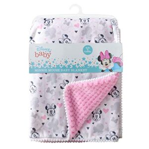 cudlie disney baby girl minne mouse double sided baby blanket with printed mink waffle fleece backing & with pom edge(30x40)