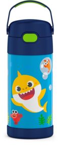 thermos funtainer water bottle with straw - 12 ounce, baby shark - kids stainless steel vacuum insulated water bottle with lid