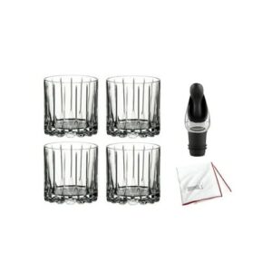 riedel drink specific glassware rock glass (9 oz, clear) set of 4 bundle with wine pourer with stopper and polishing cloth (4 items)