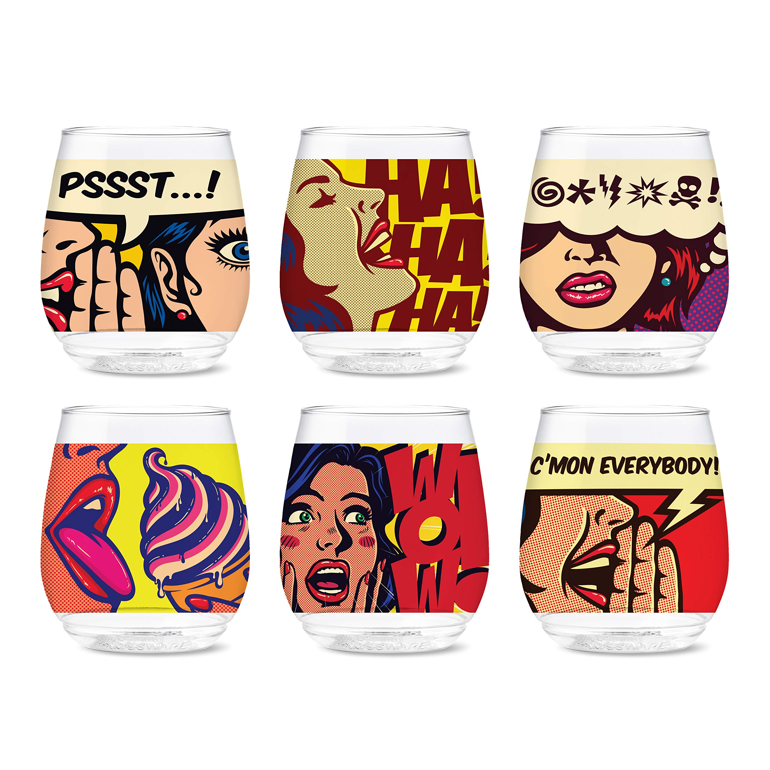 TOSSWARE POP 14oz Vino Pop Art Comic Series, SET OF 6, Premium Quality, Recyclable, Unbreakable & Crystal Clear Plastic Wine Glasses